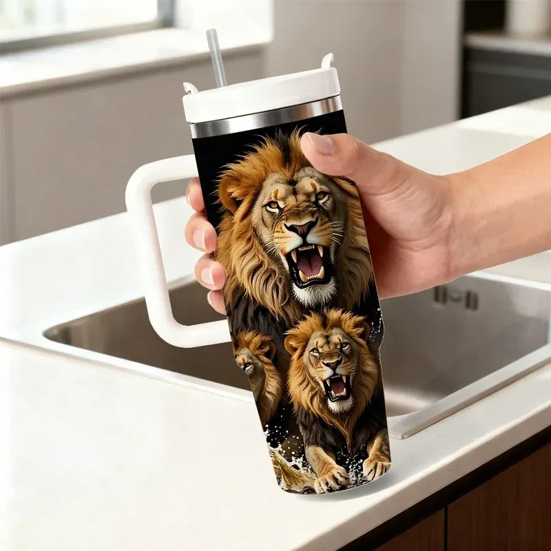 Fierce Golden Brown Lion Digital Print 40oz Stainless Steel Insulated Tumbler, Leakproof Cool & Hot Drink Cup with Dynamic Water Splash Design, Ideal for Daily Commute, Outdoor Trips & Office Use