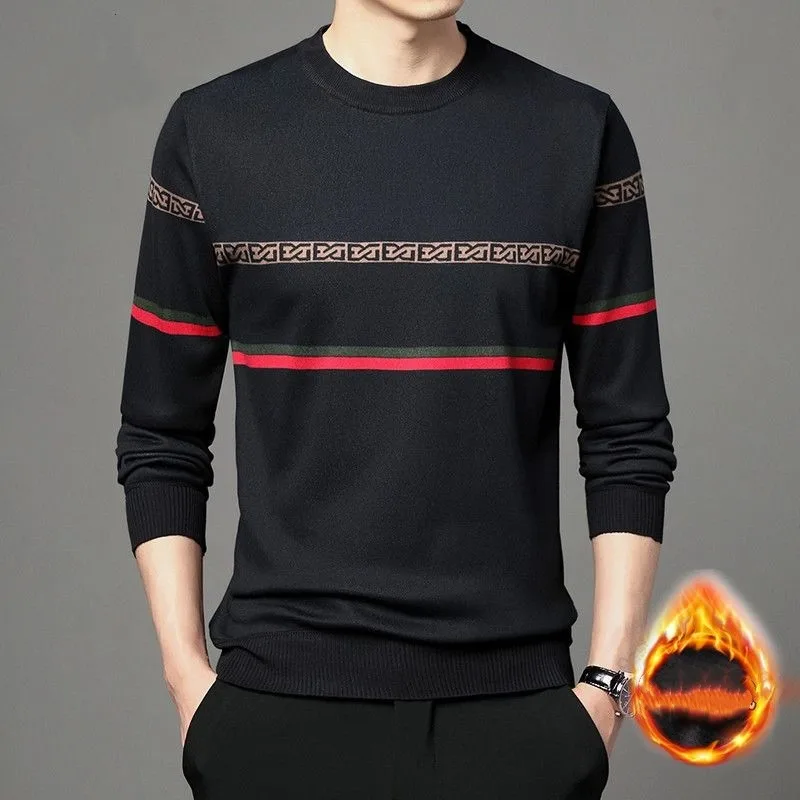 Suéter de cuello redondo para hombre, grueso, de felpa, de punto, informal, a rayas, ropa cálida, invierno