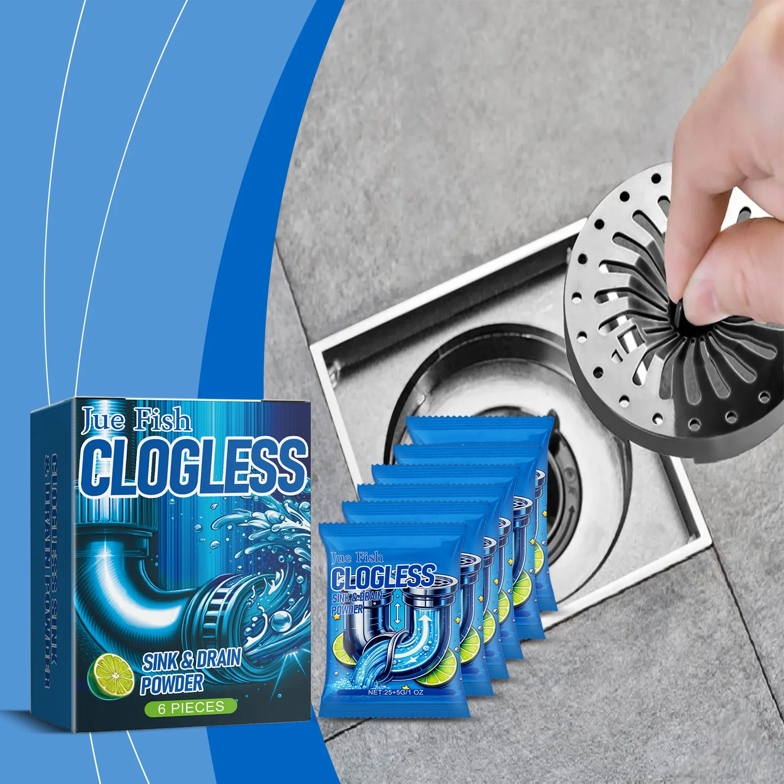 6PCS Pipe Unclogging Cleaning Powder Dissolves blockages, unclogs drains, removes odors, kitchens, bathrooms are available