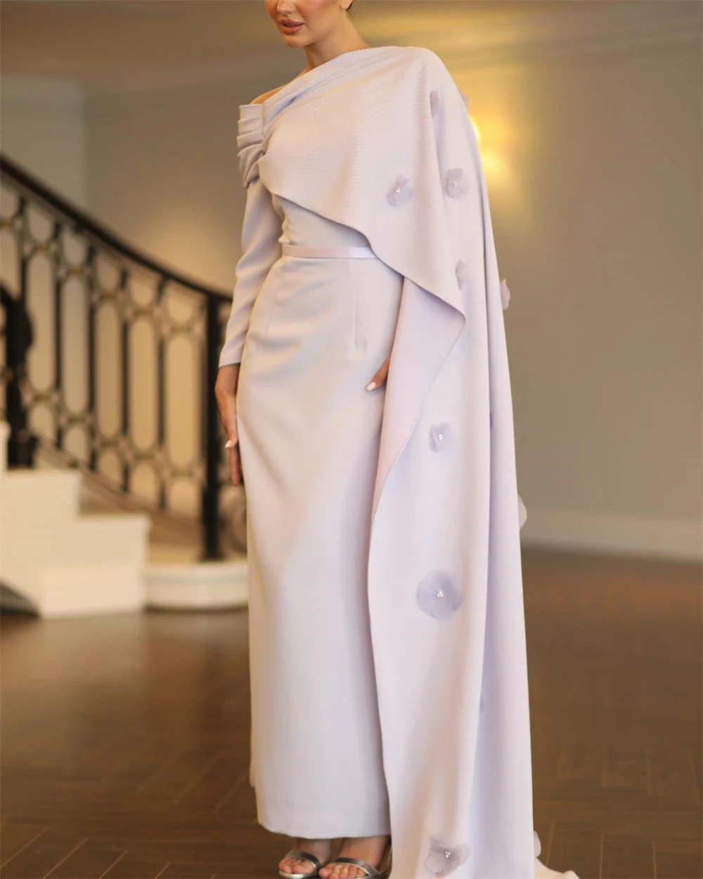 Customized Purple Jersey Evening Dresses Exquisite Long Sleeves Homecoming Dresses Fashion Flowers Special Occasion Gowns