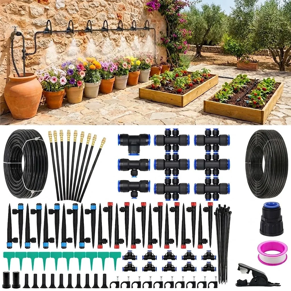 Garden Misting System Quick Connect Watering for Outdoor Plants Drip Irrigation Kit with 3 Spray Types and 3 Adjustable Nozzles