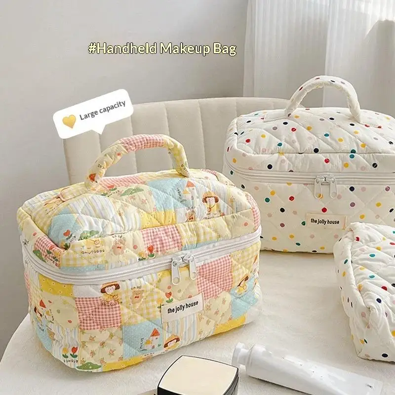 Fashion Colorful Dots Large Capacity Cosmetic Quilted Bag Portable Tote Travel Make Up Storage Bags Women Cotton Handbags Gift