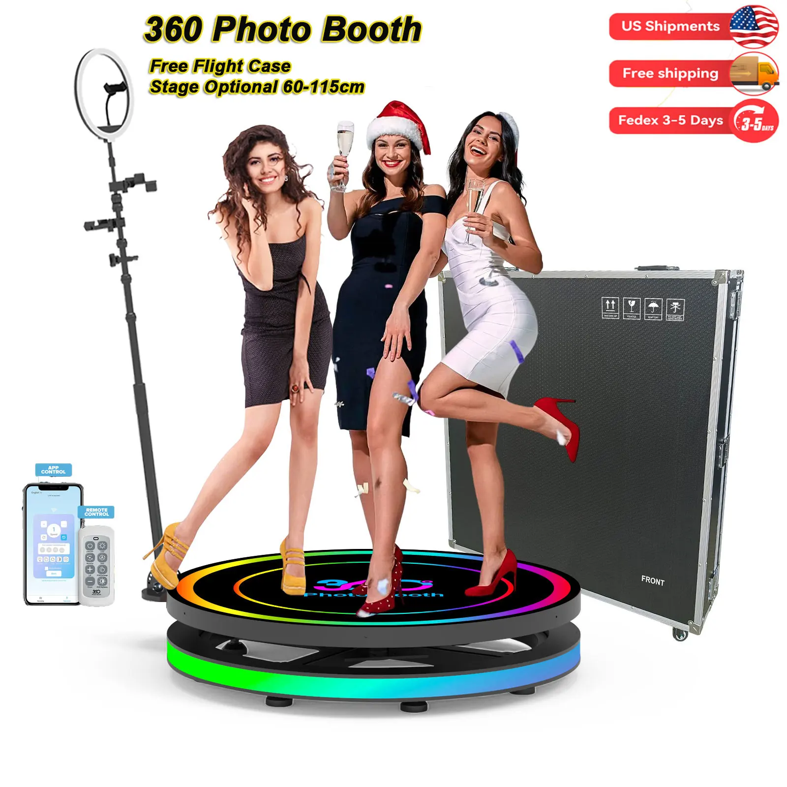 Automatic 360 Photo Booth Machine Degree Camera Video Spinner with RGB Ring Light Flight Case 360 Spin Camera Booth for Parties