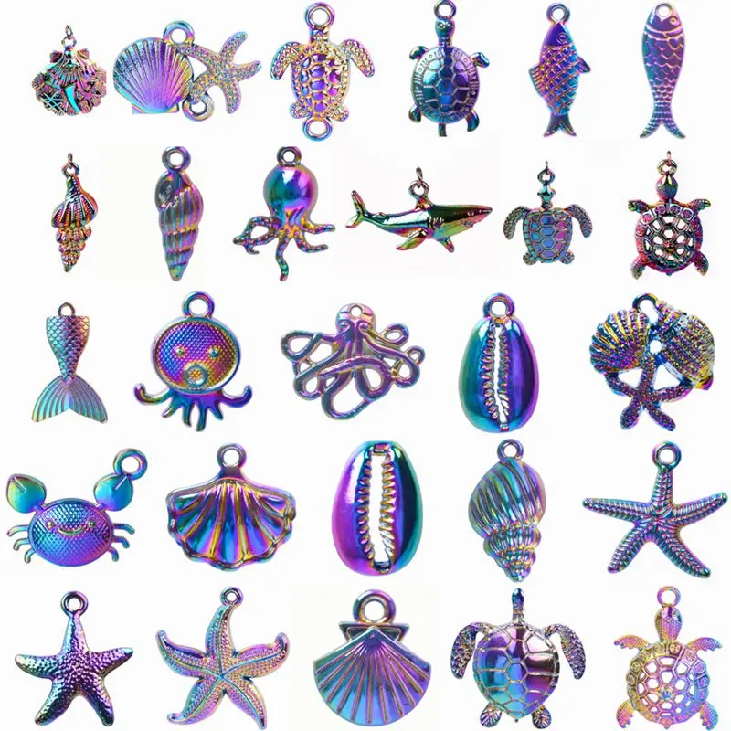 10PCS Rainbow Charms Sea Animal Starfish Shell Pendant Accessories Charm for Jewelry Making Necklace Craft Bulk Metal Materials