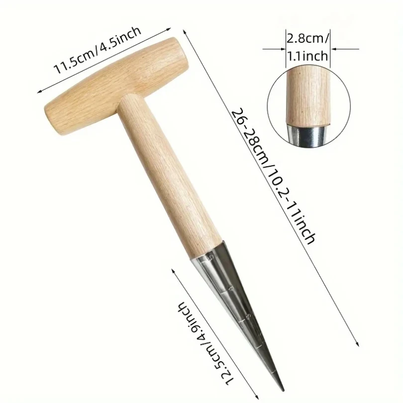 Dibber manual de acero inoxidable con mango de madera para plantar semillas, trasplante de plantas, plantación de bombillas