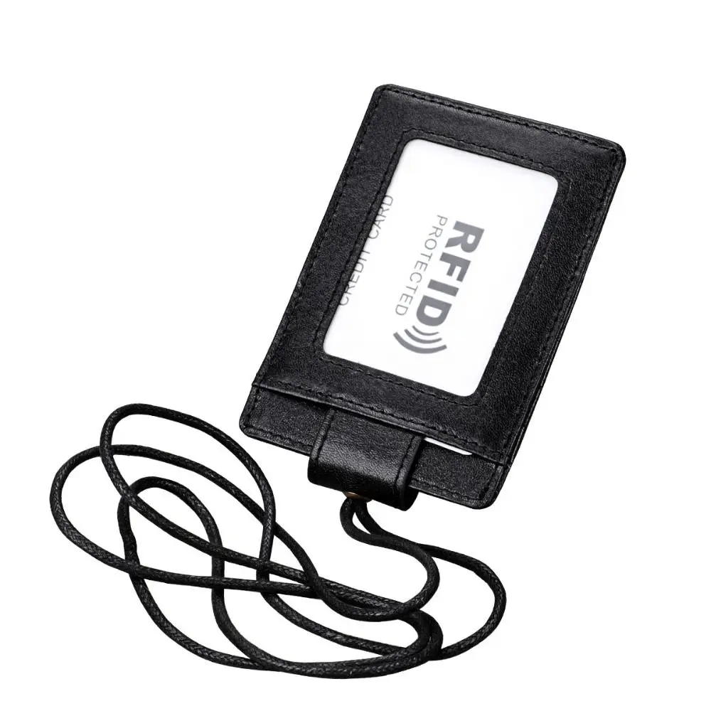 Portatarjetas de identificación de cuero genuino, insignia de identidad con cordón, cubierta de tarjeta con bloqueo RFID, monedero, tarjeteros de trabajo con bloqueo RFID