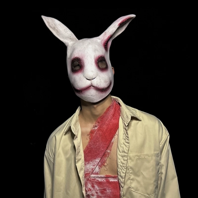 Máscara de Cosplay de Horror de conejo sangriento para hombres, media cara, látex, conejo aterrador, vestido de fiesta, mascarada de Terror, accesorios de Cosplay espeluznante