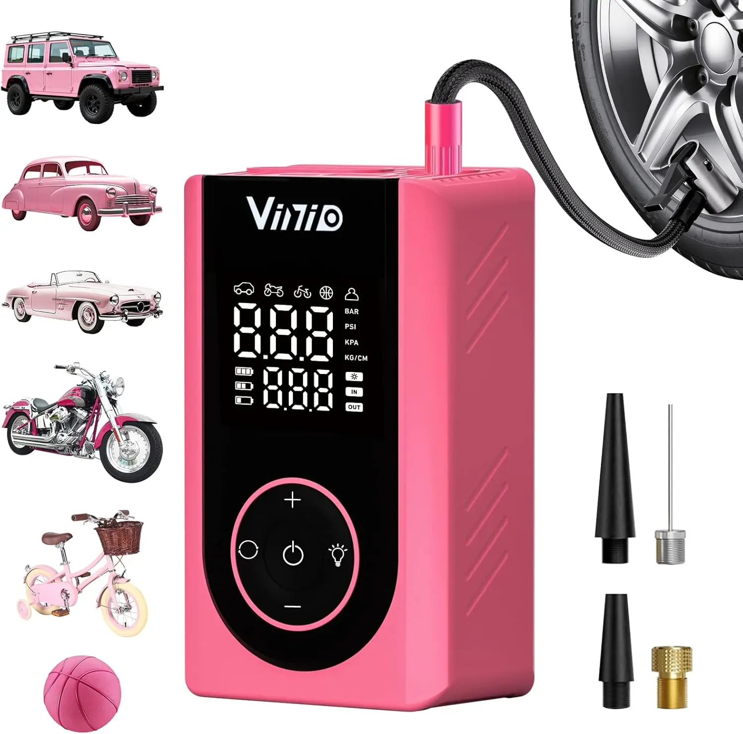 

Portable Tire Inflator, 150 PSI Air Pump with LED Display, Auto Shut-Off, for Car, Bike, Ball – Pink