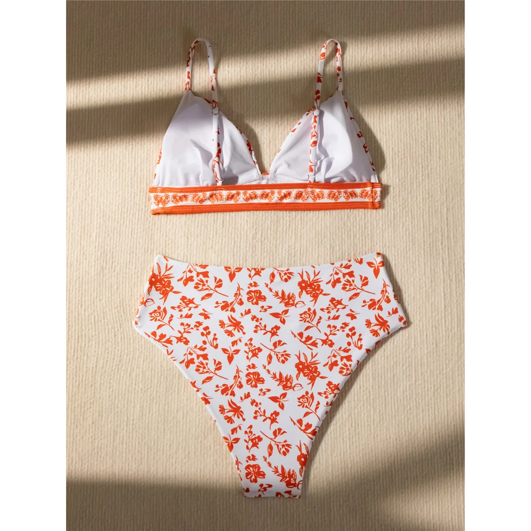 Blumenmuster, hoch geschnitten, mittelhoher Bund, Damen-Badeanzug, Bikini, zweiteiliges Bikini-Set, Badebekleidung, Badeanzug, Modell V5338. – Detail 14