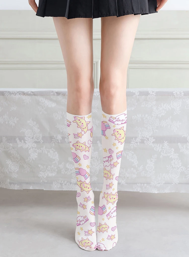 

New Strawberry Rabbit Print Pink Stockings For Women Summer Thin Silk Sweet Two-Dimensional JK Girl Mid-Tube Casual Calf Socks