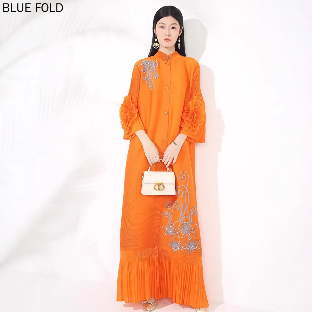 

MIYAKE PLEATS Dress Women's Clothing New Loose Plus Size Three-dimensional Flower Studded Single Button Cardigan Long Dress