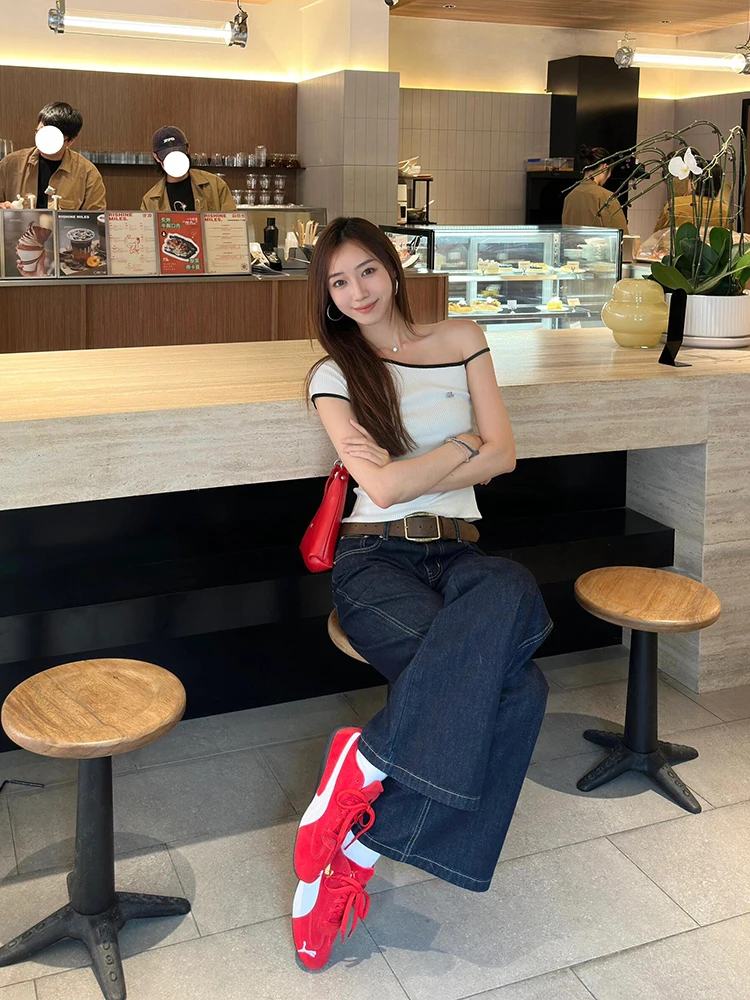 레트로 오리지널 컬러 로우 웨이스트 벨보트 와이드 레그 진 여성용 봄 가을 2024 신상 스트레이트 컷 롱 팬츠 핫걸