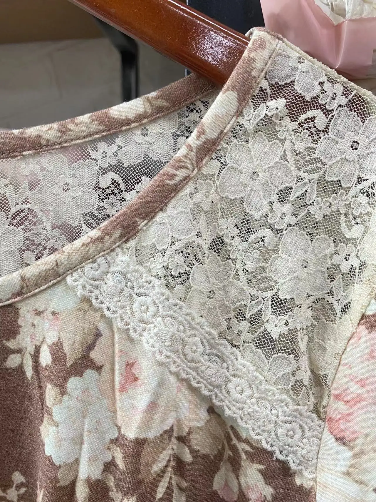 مبيعات اليابان ليز ليزا القطن محبوك الأزهار المطبوعة بلوزة الدانتيل شبكة البلوز قمصان قصيرة الأكمام #3