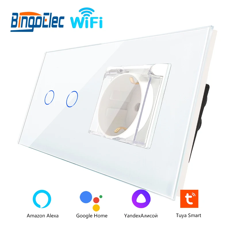 

Bingoelec Smart Home wireless Wall Switch EU Standard Wifi Touch Switch and Waterproof Socket with Cover work Tuya APP