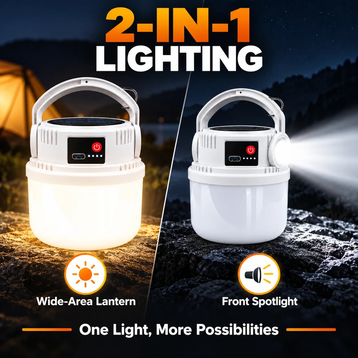 Solar Camping Lantern USB Rechargeable LED Tent Light with Front Flashlight Battery Indicator Hanging Hook Portable Lamp Hiking