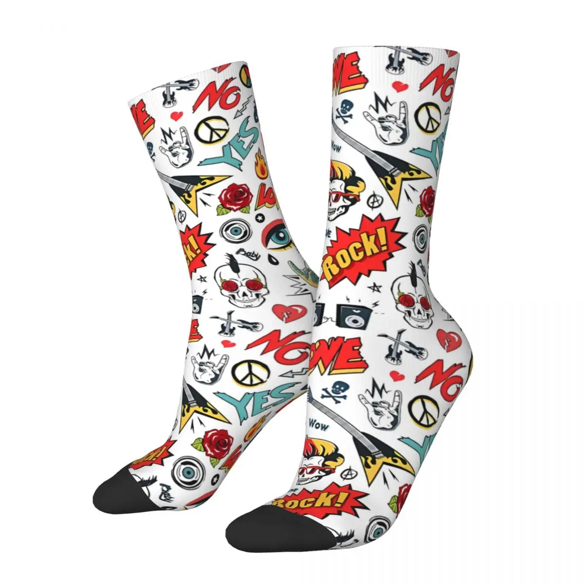 Retro Rock Men's Socks Rock And Roll Music Unisex Hip Hop Seamless Printed Funny Crew Sock Gift