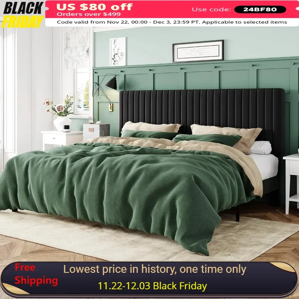 

King Bed Frame, Velvet Upholstered with Adjustable Headboard Strong Wooden Slats, Box Spring Optional, Bed Frame