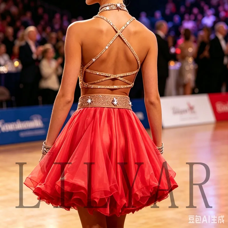 New professional Latin dance competition performance dress with sea blue tassel short open waist sparkling diamond dance skirt