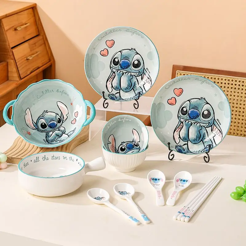Mangkuk sup keramik lucu bergambar kartun Disney Stitch dengan pegangan ganda anti panas, peralatan makan dapur kreatif, mangkuk salad, mangkuk mie instan, hadiah