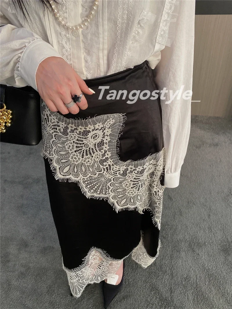 High-End Retro Satin Lace Stitching Skirt Women's 2024 Summer High Waist Slimming Court Style Temperament Mid-Length Skirt