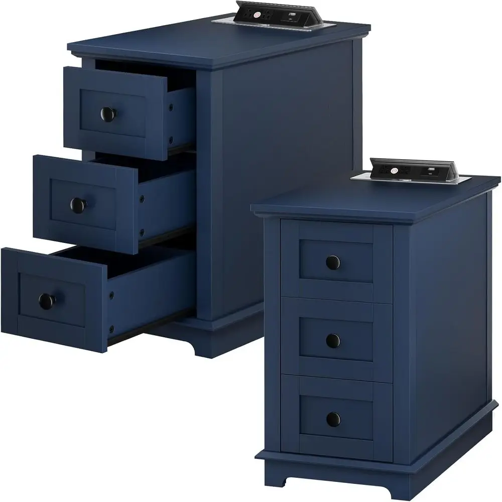 2-Piece & 3-Drawer Charging Station End Table Set with USB & Type-C Ports, Wooden Storage Side Tables for Living Room or Bedroom