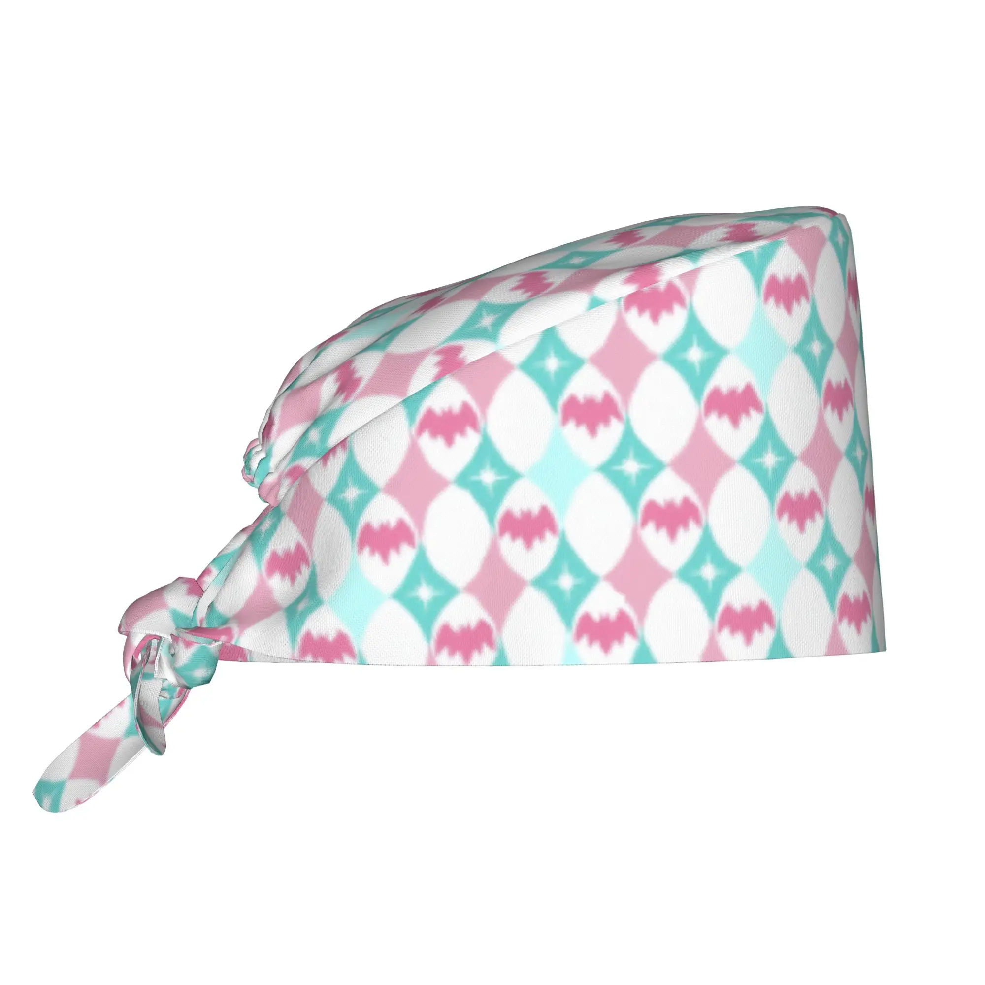 Harlequin Bats Pink Turquoise Small Breathable Scrub Hat Surgical Scrub Caps Nursing Hair Hats  Cute Animal Work Scrubs Hat for