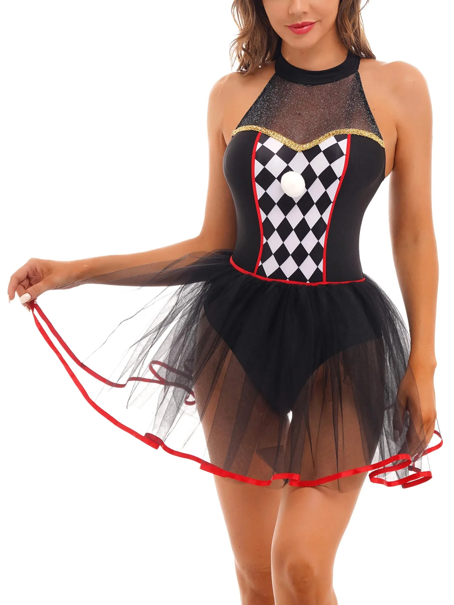 Womens Circus Clown Cosplay Outfit Flared Dress Built-in Briefs Plaid Sleeveless Backless Dance Tutu Dress Halloween Costume