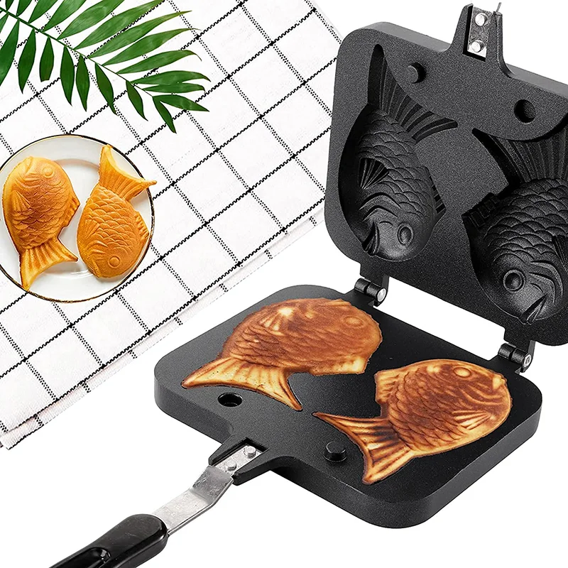 Kitchen Japanese Taiyaki Double Fish Shaped Hot Dessert Waffle Cake Maker Pan Japanese Pancake Double Pan Fry Pan Waffle Molds