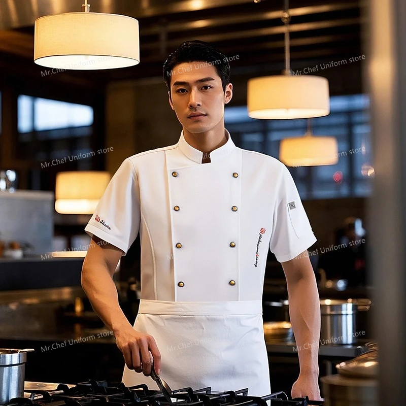 Summer men short sleeve Breathable Chef Jacket Kitchen work uniform Restaurant Chef coat white apron work clothes Chef shorts