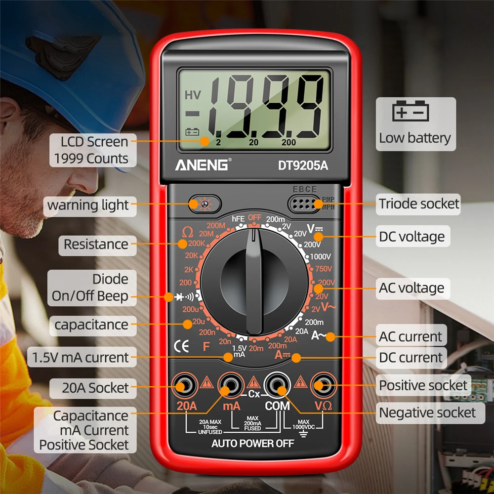 DT9205A Multimeter Digital Multimeter AC/DC Transistor Tester Electrical NCV Test Meter Profesional Analog Auto Range Multimetro