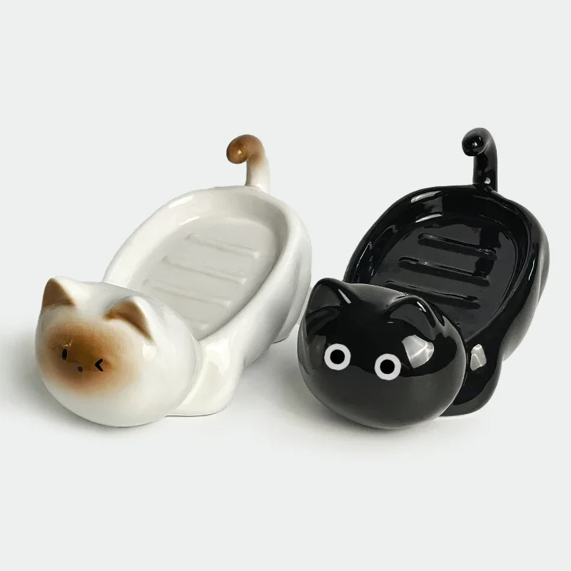 Siamese Cat Ceramic Soap Box, Simplicity, Household Creative, Cute Cartoon, Perforation-free, Small Art Drain Dish