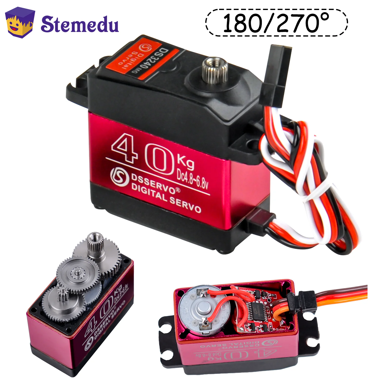 40KG 6V DS3240 Large Torque Digital Servo Motor 180/270 Degree Waterproof IP66 with 25T Servo Arm for RC Car Boat 1:8 Baja car
