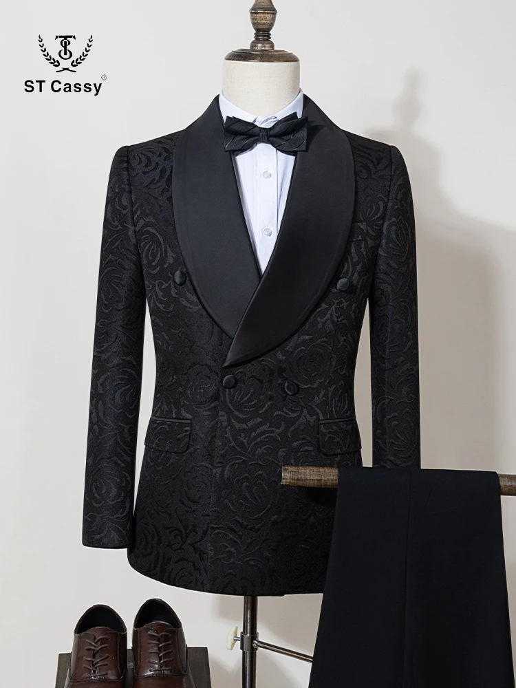 

black luxury 2-piece set men suit shawl collar double breasted business casual suit groom's wedding dress Jacquard pattern