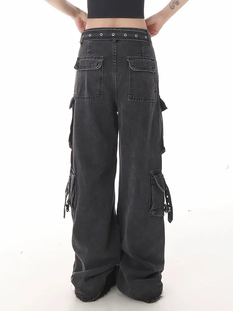 2025 Effen Klassieke Hoge Taille Street Wijde Pijpen Broek Amerikaanse Mode Meerdere Zakken Eenvoudige Casual Losse Vrouwen Jeans Vrouw