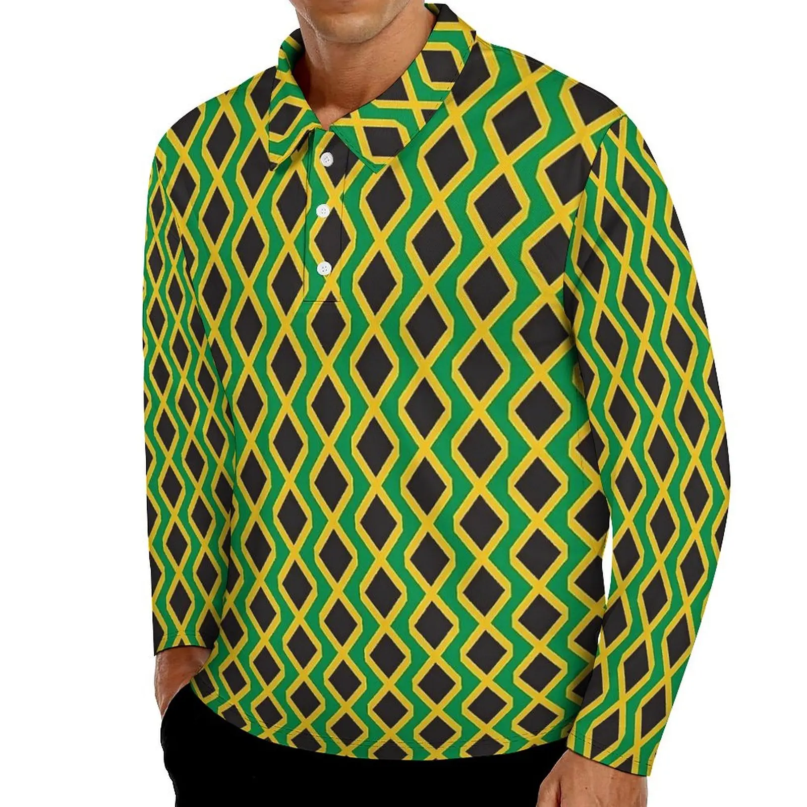 

Jamaican Flag Polo Shirts Men Vertical Jamaica Love Casual Shirt Spring Aesthetic Collar Long Sleeve Graphic Oversized T-Shirts