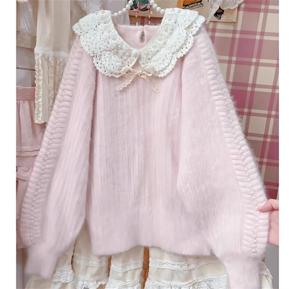 Doce rosa peter pan colarinho retalhos camisola feminina estilo coreano vintage usar malha topo 2025 outono e inverno pulôver bonito arco