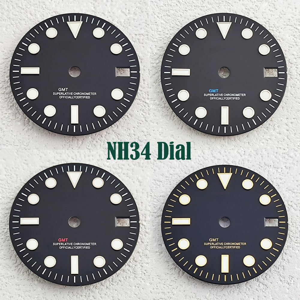 Mostrador GMT de 29 mm, mostrador luminoso verde de quatro ponteiros adequado para movimento NH34, mostrador melhorado, substituição de peças de relógio