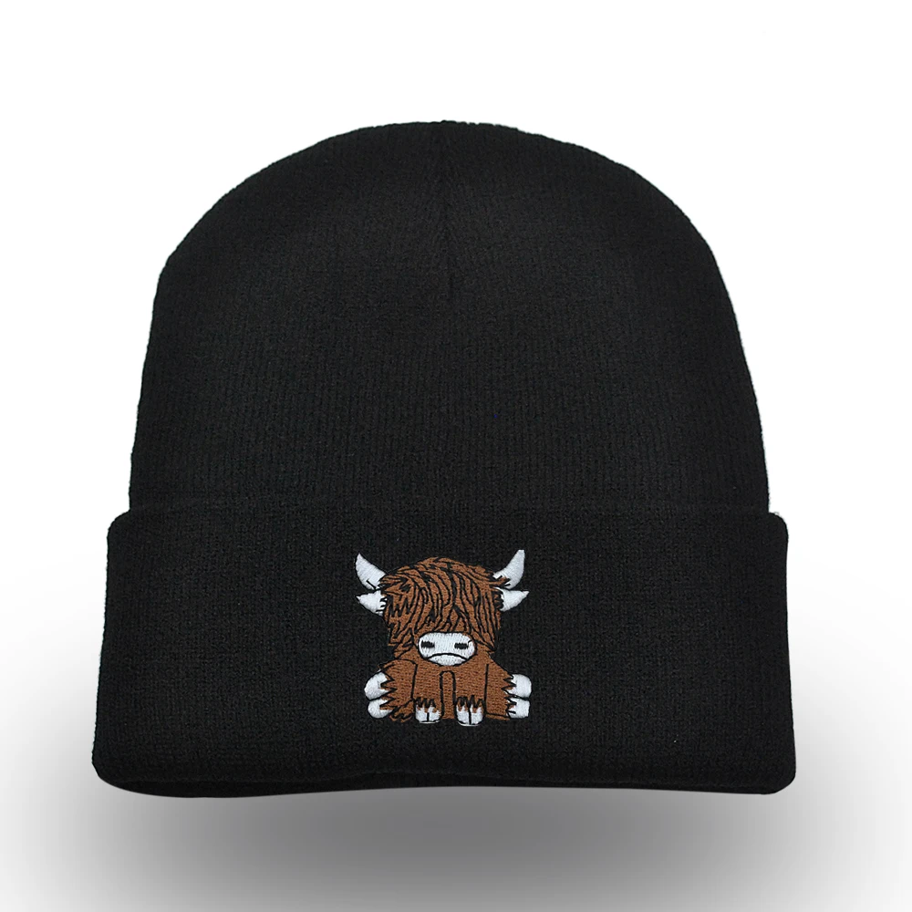 Scottish Highland Cow Beanie Embroidered Cute Scotch Cow Knitted Hat Autumn Winter Warm Hip Hop Hat Unisex Ski Hat