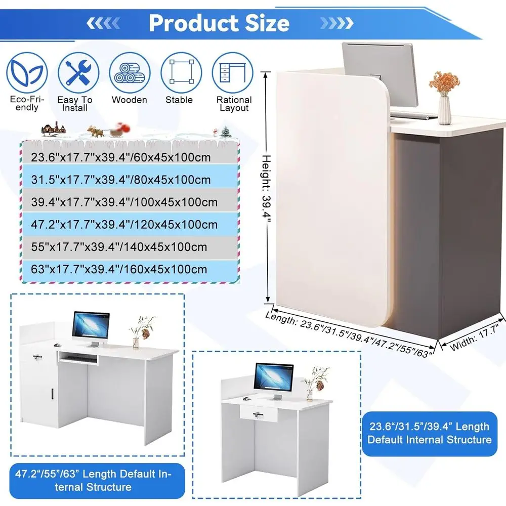 Desk With Counter, 23.6/31.5/39.4/47.2/55/63L Front Desk Counter With LED Lights, for Office Retail Clothing Shop Hotel Supermar