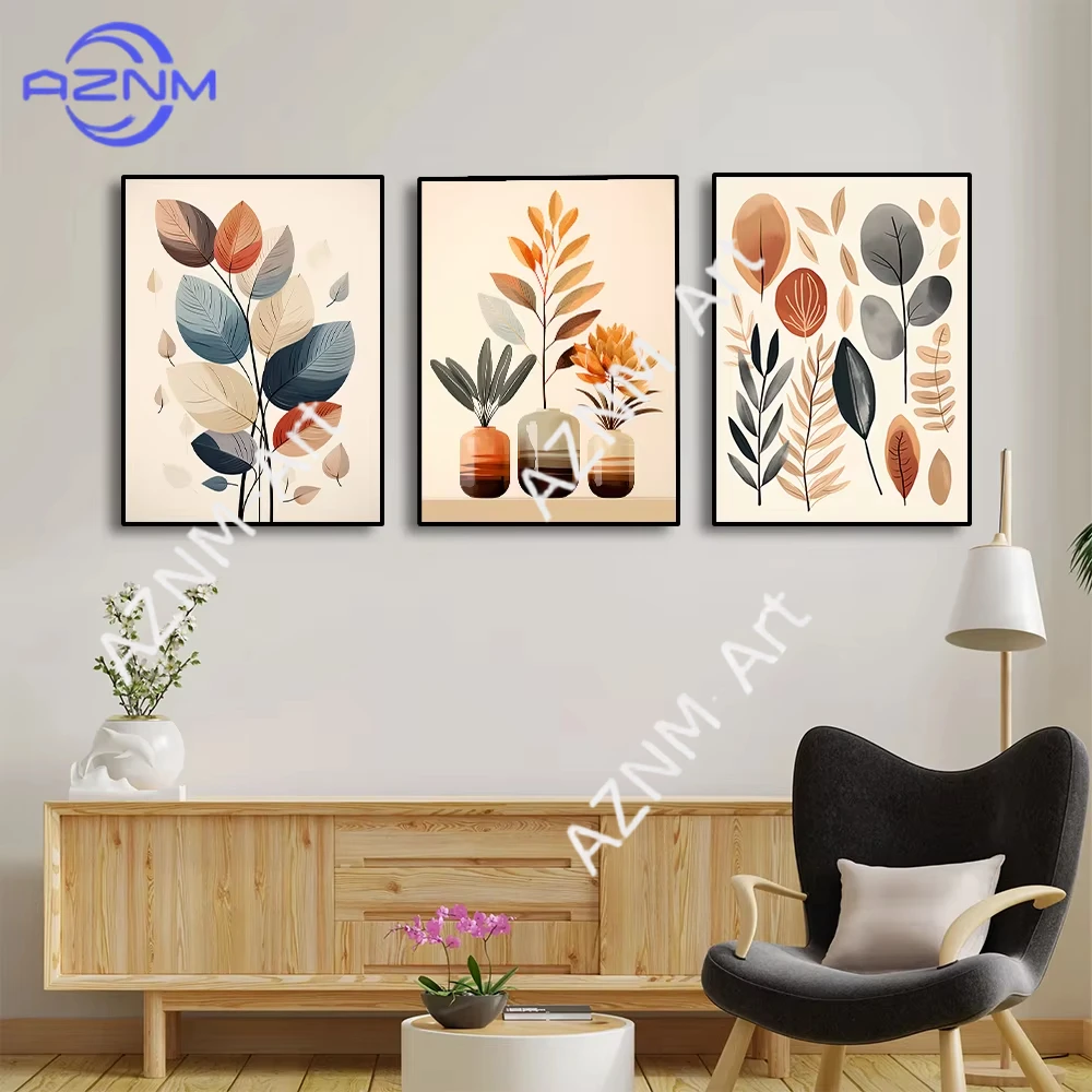 1 Stück/3 Stück Retro Blatt-Leinwandbild Wandkunst Vase Einfaches Abstraktes Poster und Druck für Wohnzimmerdekoration
