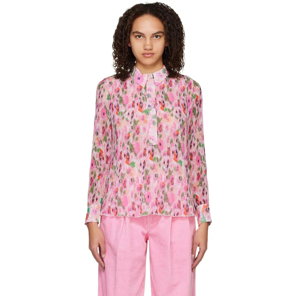 Camisa rosa con estampado Floral para mujer, camisa informal elegante de manga larga con solapa, Tops a la moda para oficina, primavera y verano, 2024