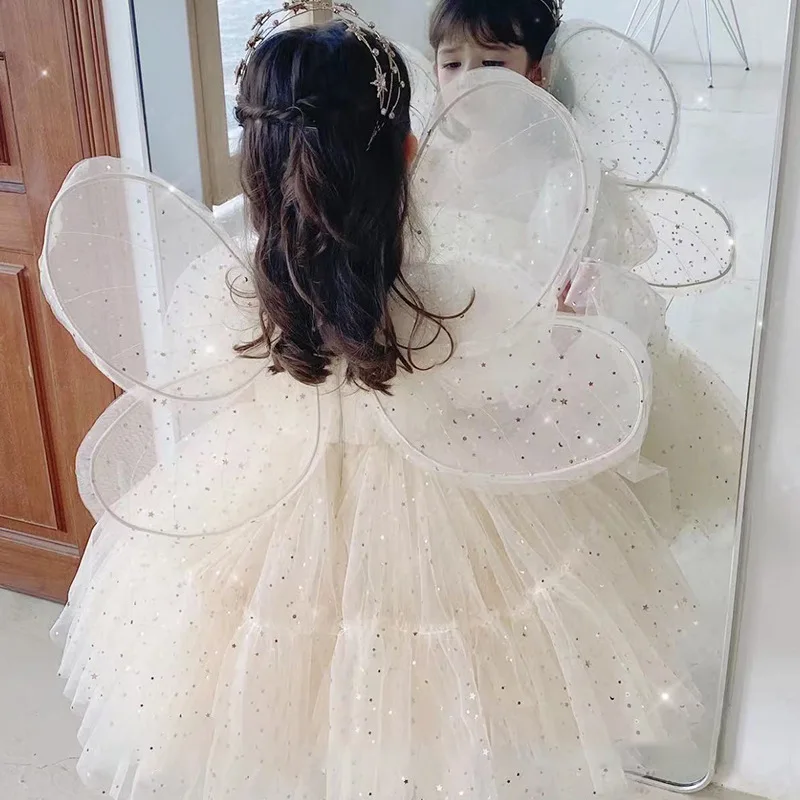 Baby Champagne Baptism Dress Cute Girl Sequin Puff Sleeve Fairy Ball Gown Newborn 1 Year Birthday Outfit Kids Formal Party Gown