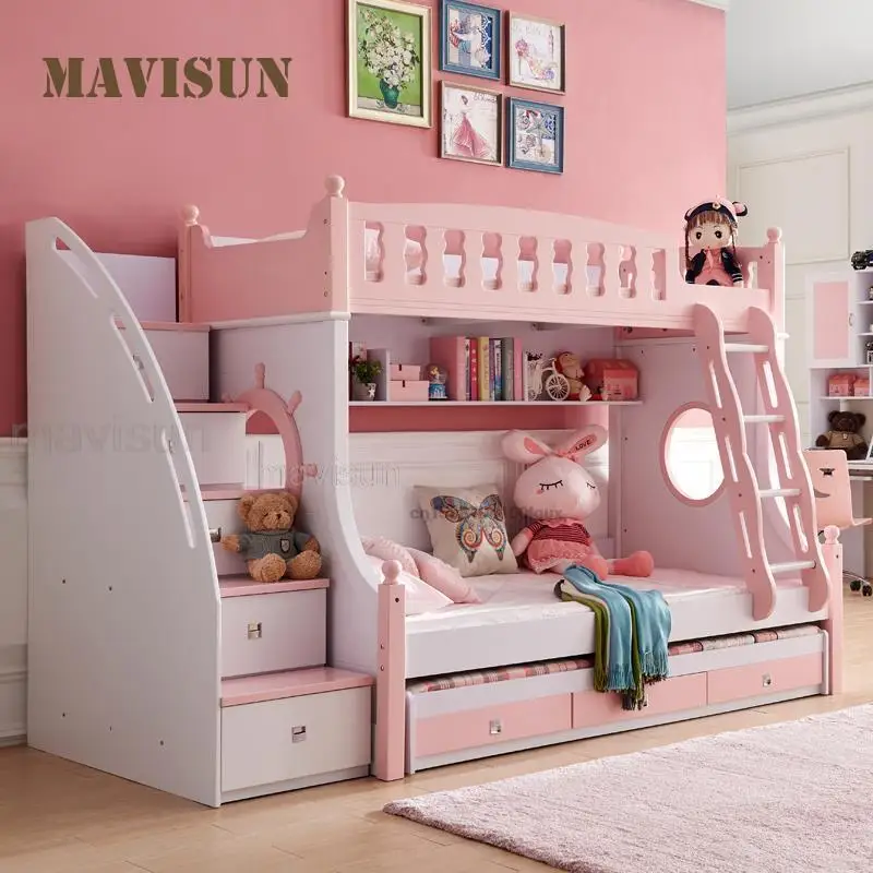 Northern European Bunk Bed For Children From 5 To 8 Years Old Modern Lovely Girl Bedroom Furniture Pink Castle Luxurious Bed