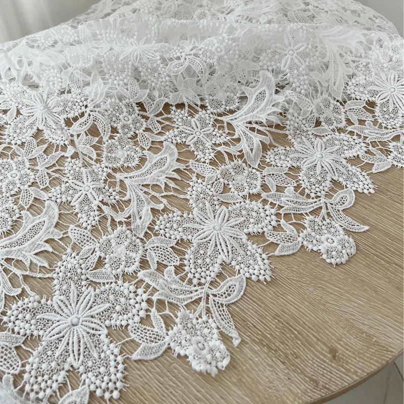 Exquisite White Embroidered Lace Fabric with Hollow Out Design for DIY Apparel and Home Decoration Fabric By The Yard