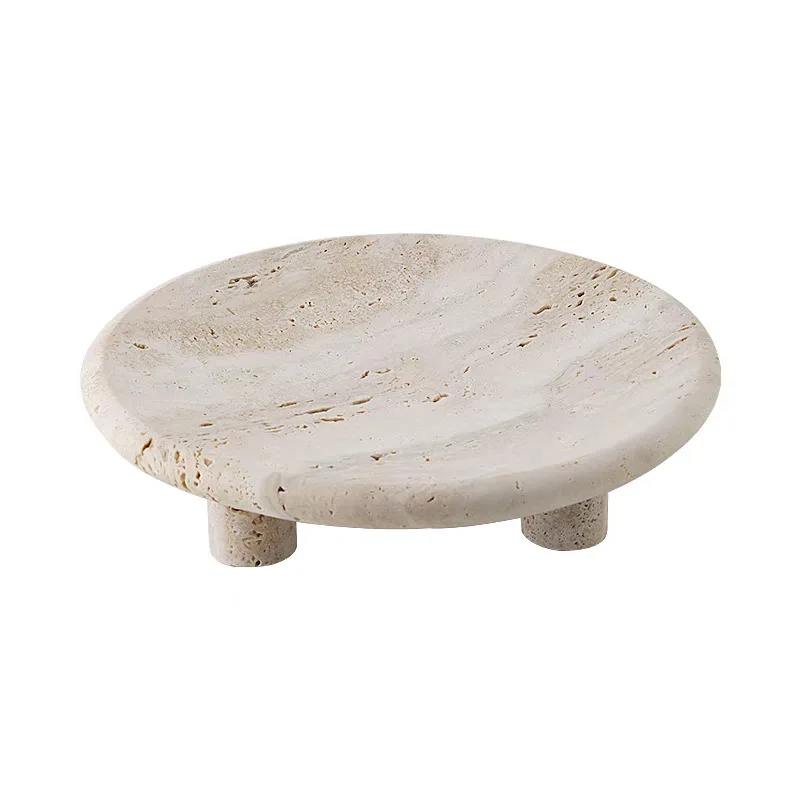 Nordische Wabi-Sabi minimalistische gelbe Travertin-Obstschale, hohe Aufbewahrungsschale, cremefarbenes hochwertiges Dekorationsstück