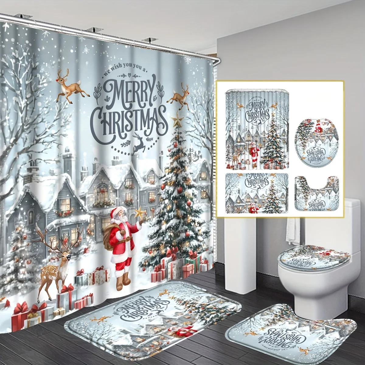 

Рождественский комплект занавесок для душа Санта-Клауса из 4 предметов с нескользящим ковриком и ковром для унитаза, водостойкий современный домашний декор для рождественского подарка