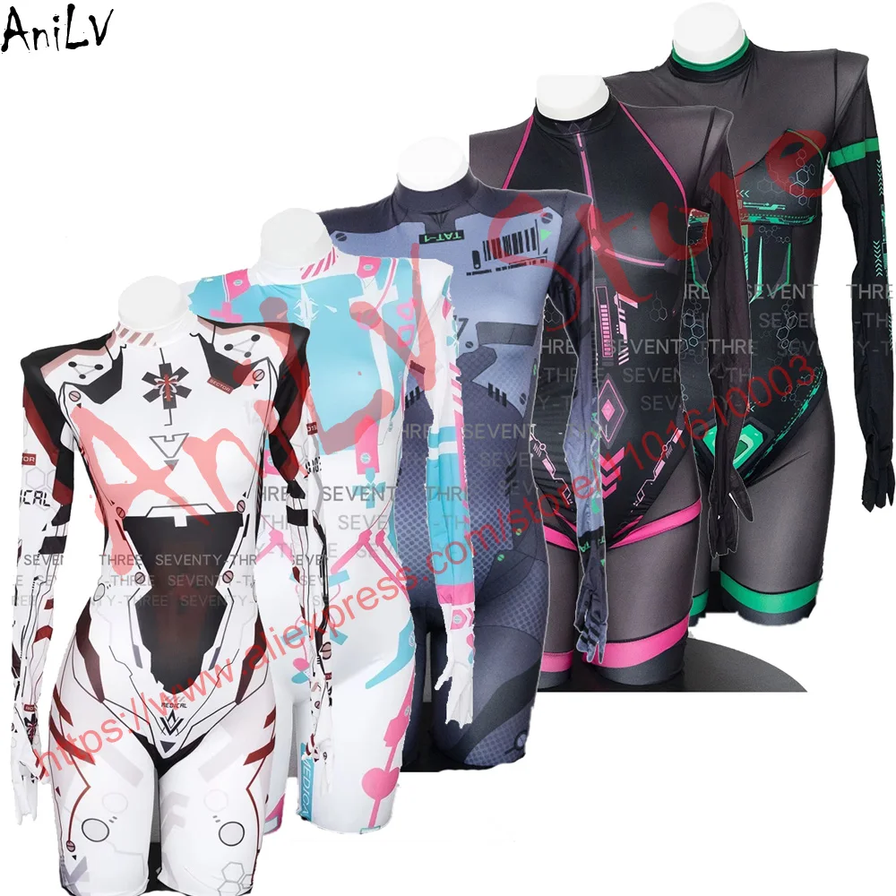 AniLV Anime Game Mecha Combat Suit Robot Agent Jumpsuit Punk Cyber Fictitious Digital World Bodysuit Pantyhose Cosplay Costume