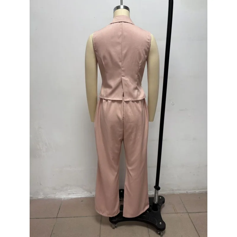 Damen 2-teiliges Outfit, ärmellose Weste mit Revers, hochtaillierte Hose mit weitem Bein, elegantes Büro-Formalanzug-Set, Business-Party-Partnerlook – Detail 7