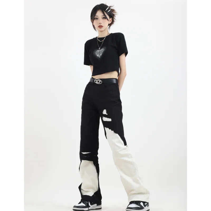 Black White High Waist Women Jeans Y2K American Vintage Fashion Streetwear Wide Leg Jean NEW Female Trouser Baggy Denim Pants