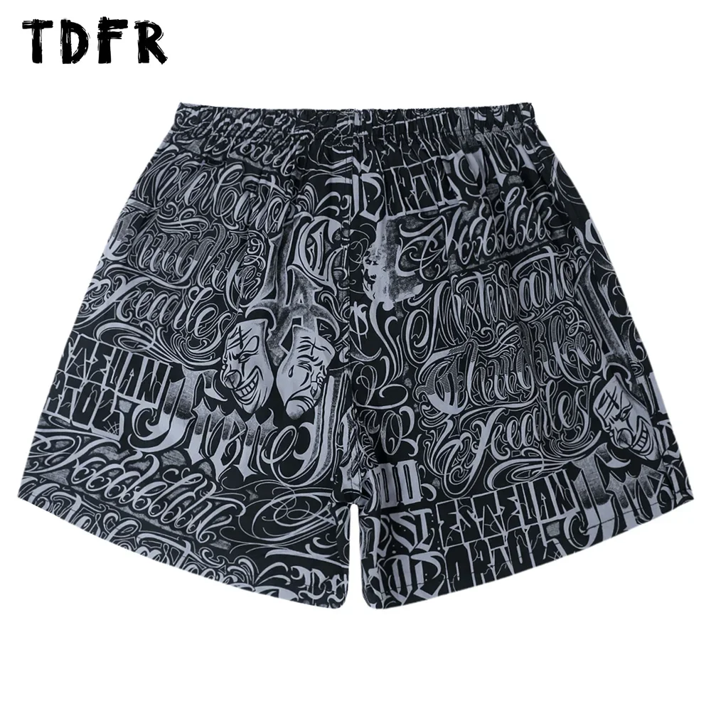 Full Print Casual Shorts Mens Summer Chicano style Streetwear Loose Wide Leg Elastic Waist Short Pants Men